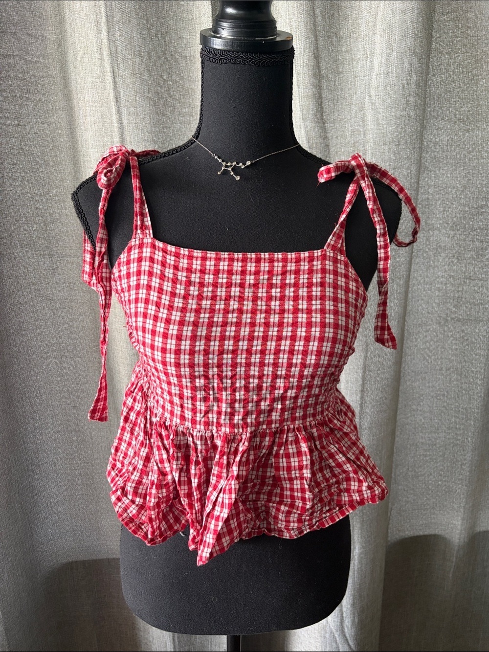 Madewell Red Gingham Tie-Shoulder Peplum Camisole